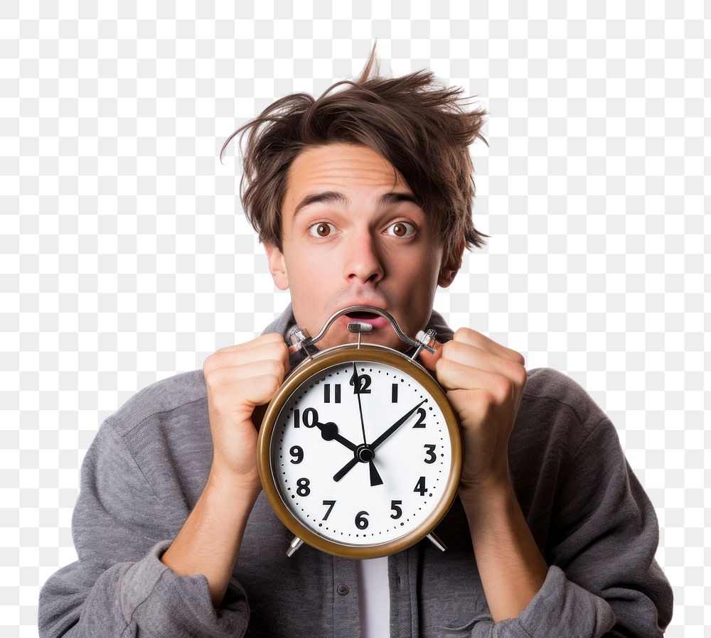 PNG  Tired student holding an alarm clock portrait photo white background. AI generated Image by rawpixel.