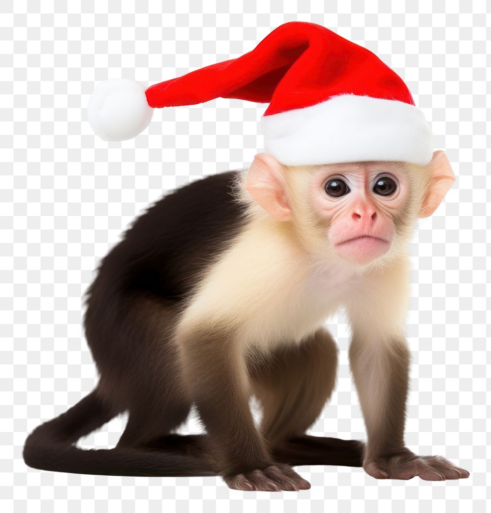 PNG White-faced capuchin wearing santa hat mammal animal monkey. AI generated Image by rawpixel.