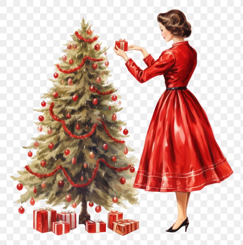 PNG  Decorating a christmas tree dress red white background