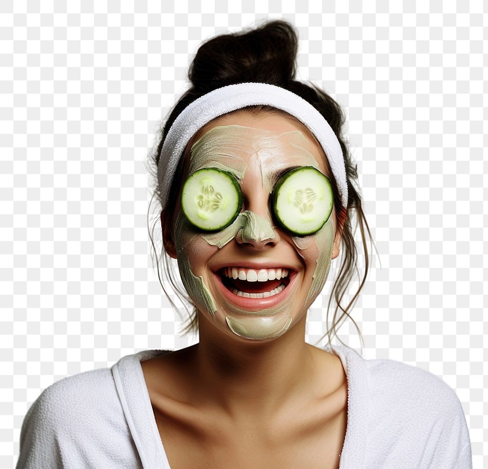 PNG Woman has cucumber slice cover eye portrait smile adult. AI generated Image by rawpixel.