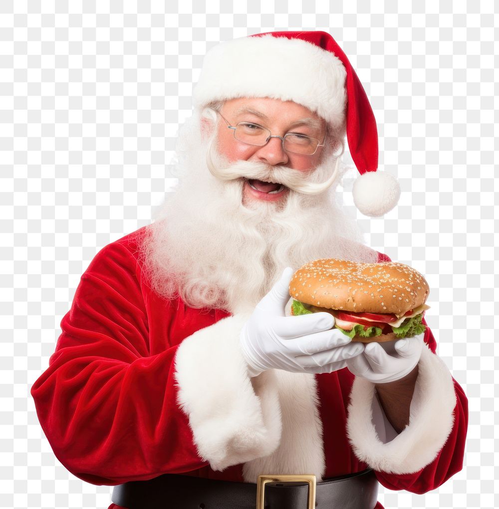 PNG  Santa holding hamburger christmas food celebration. AI generated Image by rawpixel.