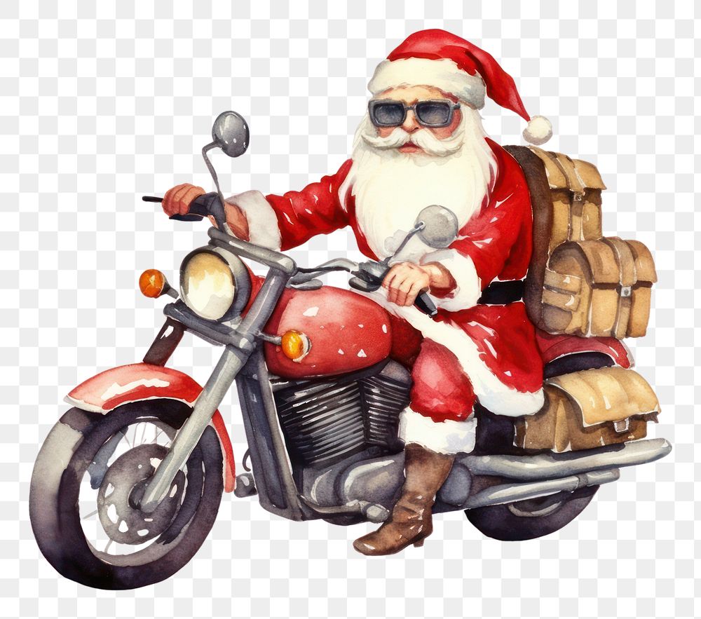 PNG Santa claus wearing sunglasses motorcycle vehicle white background. 