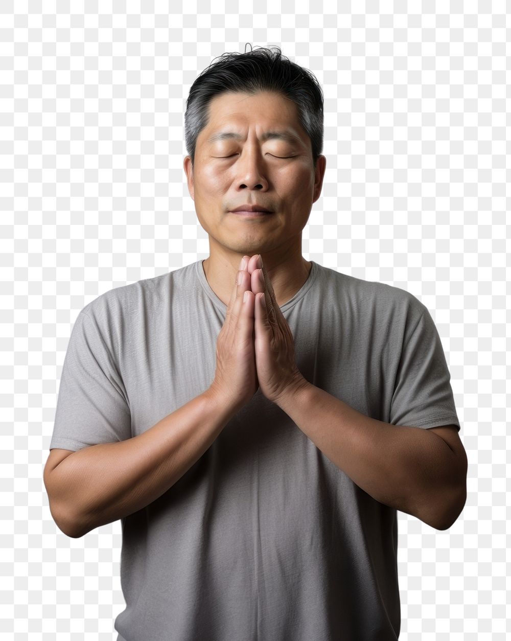 PNG  Asian man doing Anjali Mudra pose adult contemplation spirituality. AI generated Image by rawpixel.