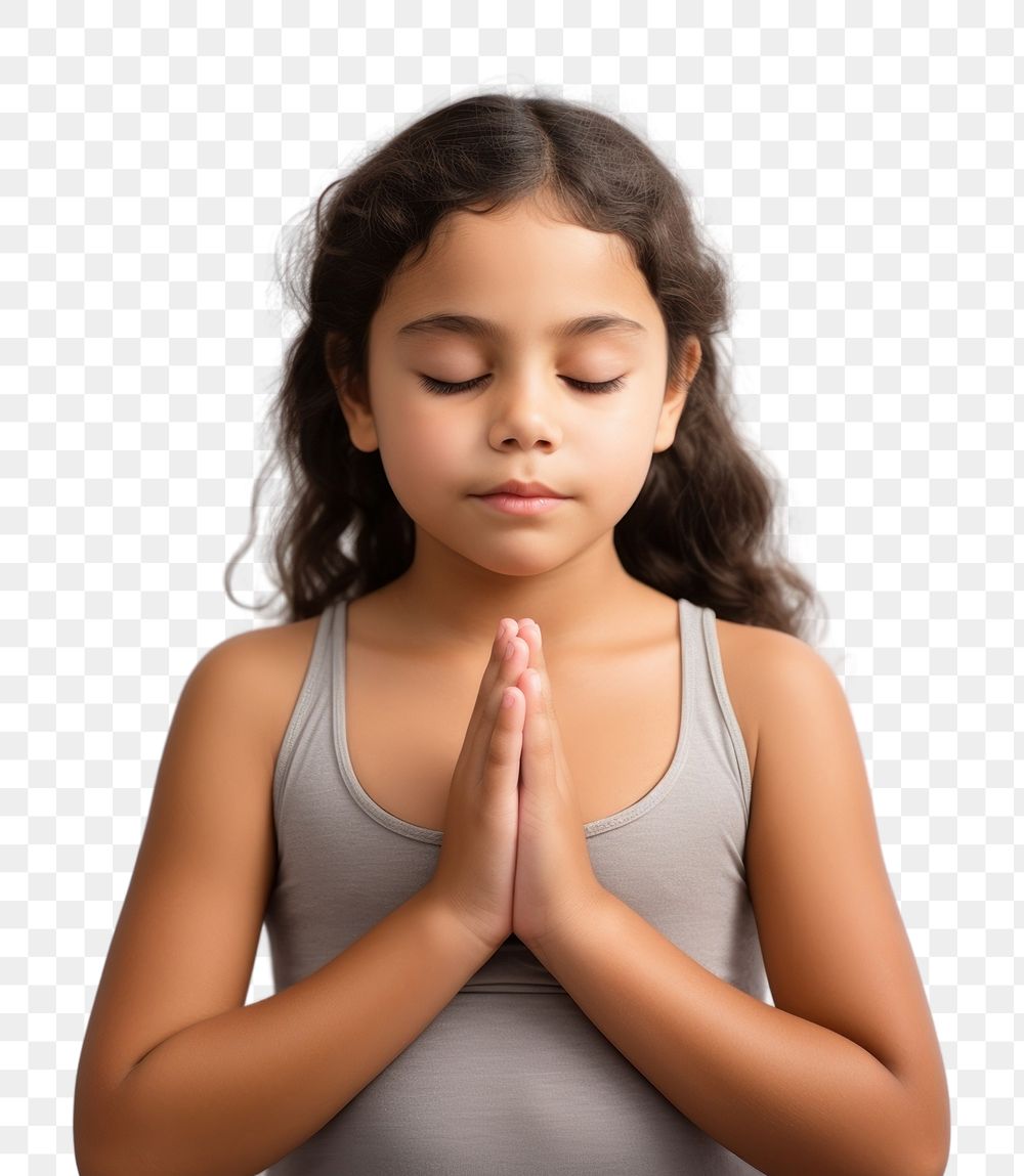 PNG  Girl doing Anjali Mudra pose yoga contemplation spirituality. AI generated Image by rawpixel.