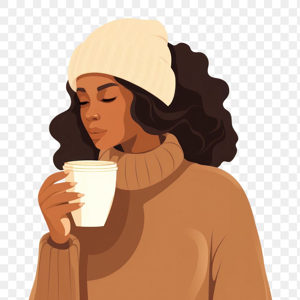 PNG Dark-skinned woman wearing a knitted hat sips hot cider drinking portrait coffee. AI generated Image by rawpixel.