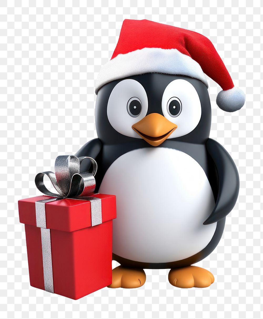 PNG Penguin wear santa hat holding gift box winter bird snow. AI generated Image by rawpixel.