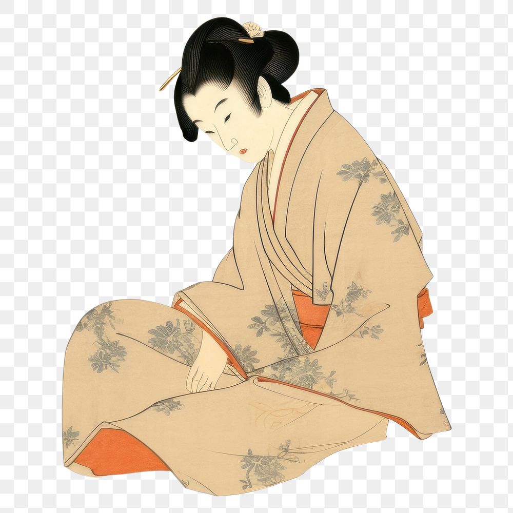 PNG Ukiyo-e art print kimono painting sitting. AI generated Image by rawpixel.