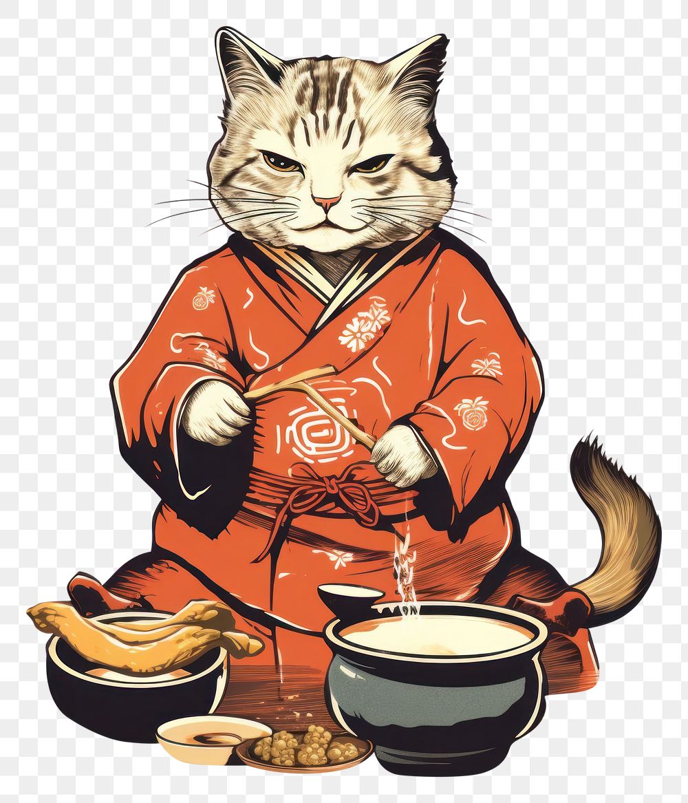 PNG Edo era cat cooking like human mammal pet representation. 