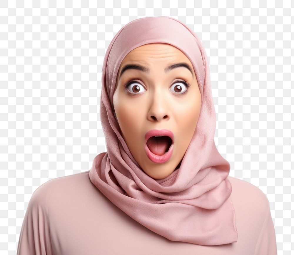 PNG Muslim woman surprised white background gesturing headscarf. AI generated Image by rawpixel.