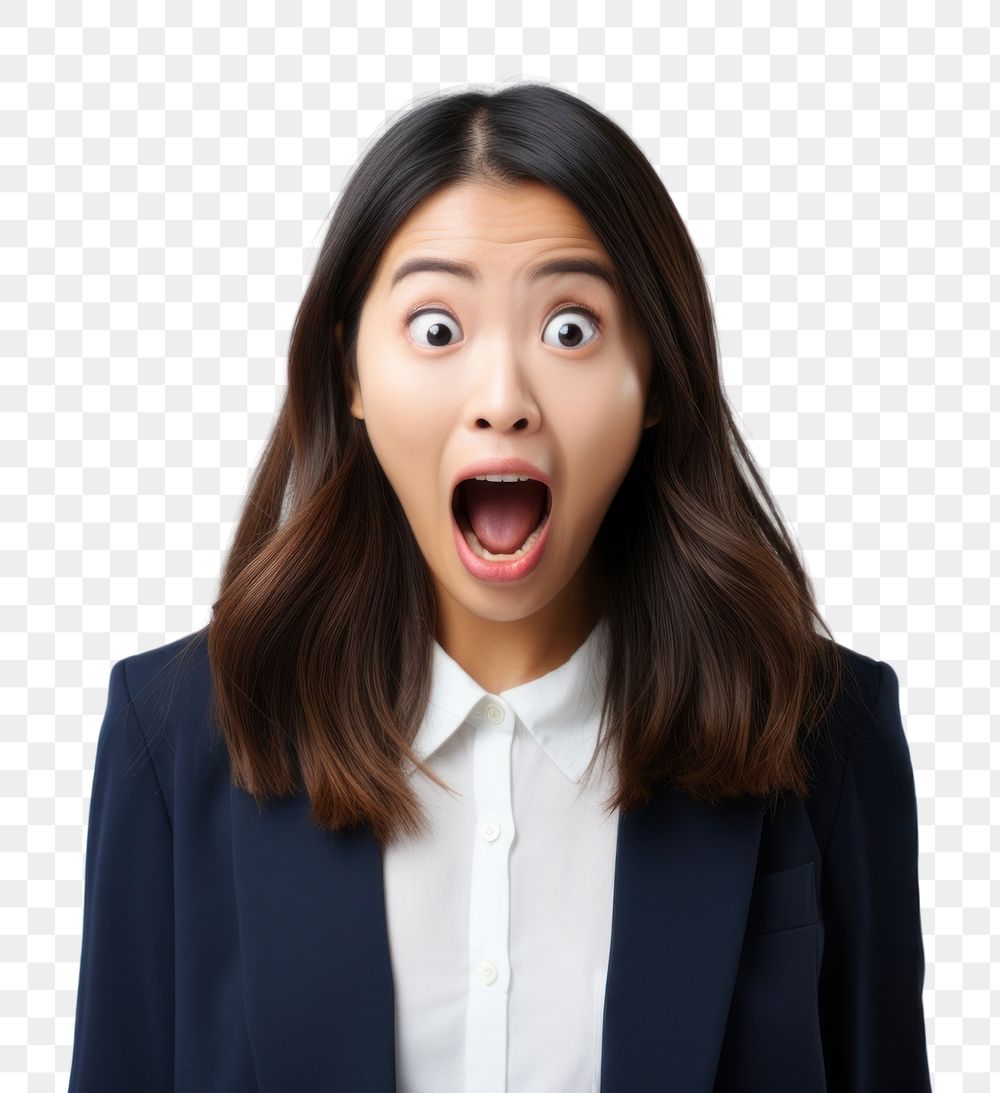 PNG Asian woman surprised adult white background frustration. AI generated Image by rawpixel.