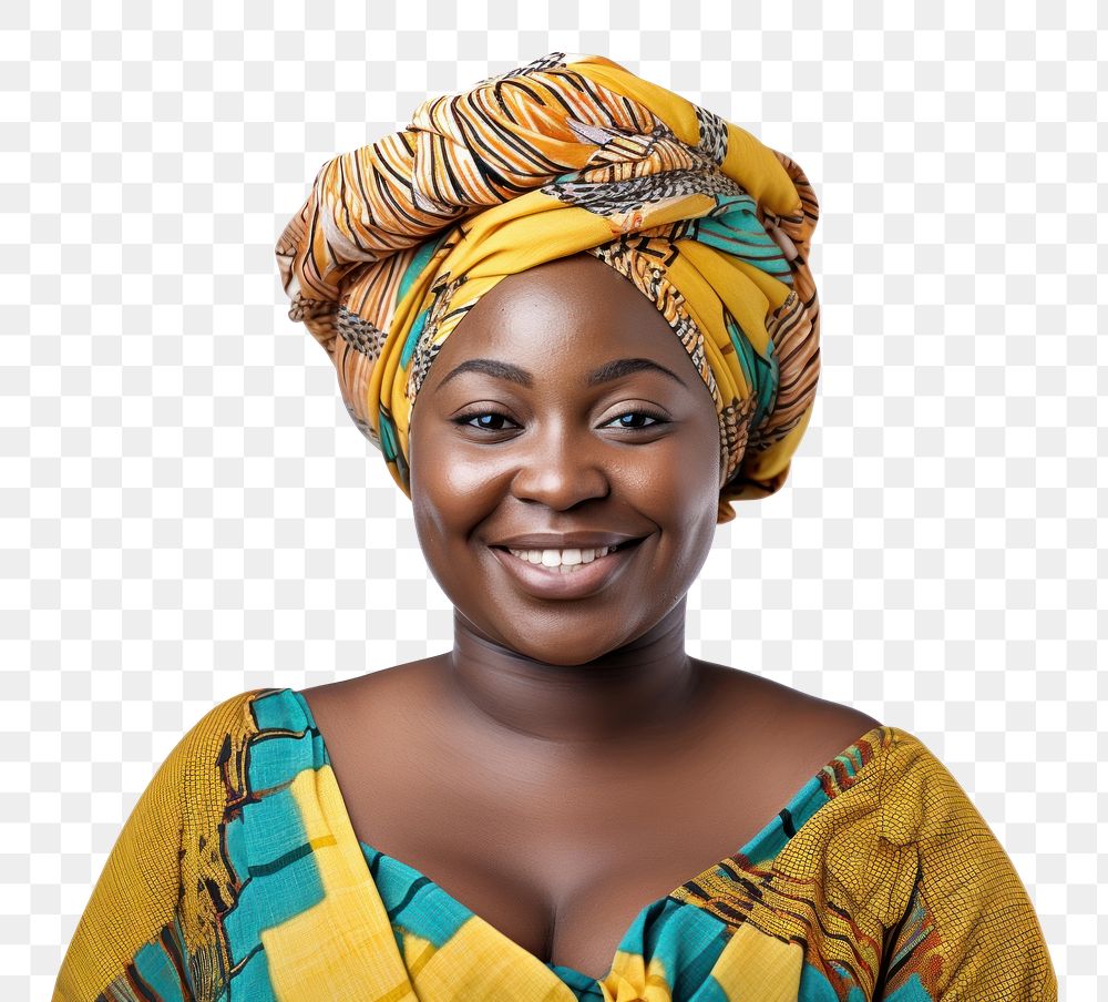 PNG Chubby african woman portrait turban smile. AI generated Image by rawpixel.