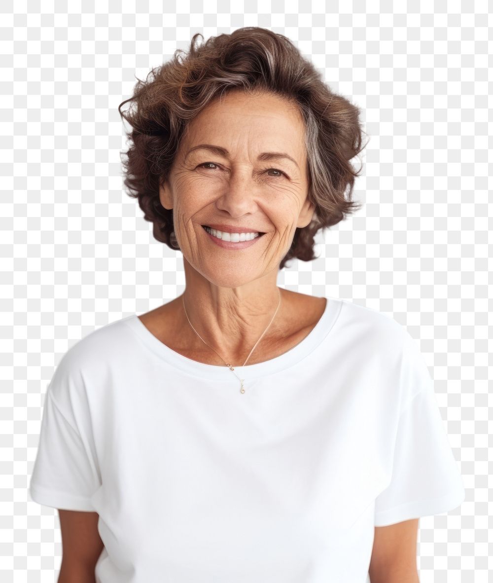 PNG  Senior brunette woman portrait laughing t-shirt. AI generated Image by rawpixel.