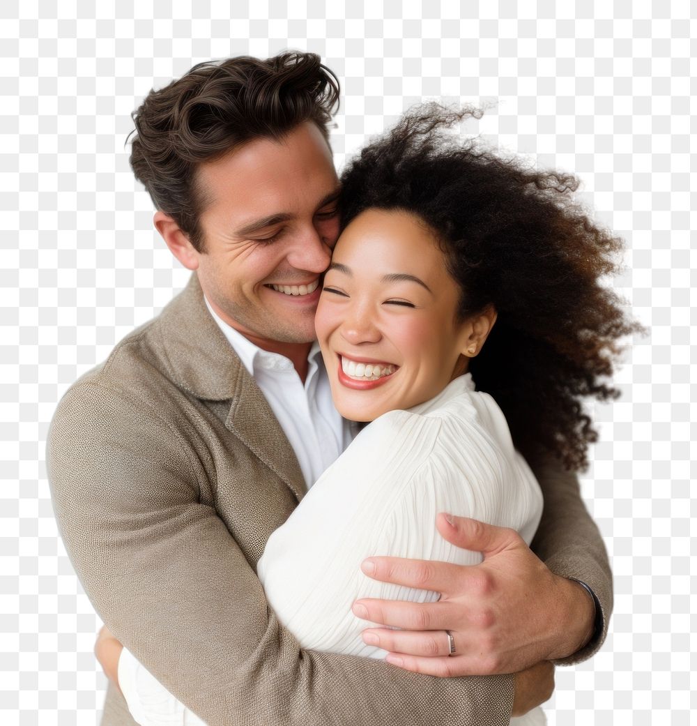 PNG  Interracial couple hugging photography laughing. AI generated Image by rawpixel.