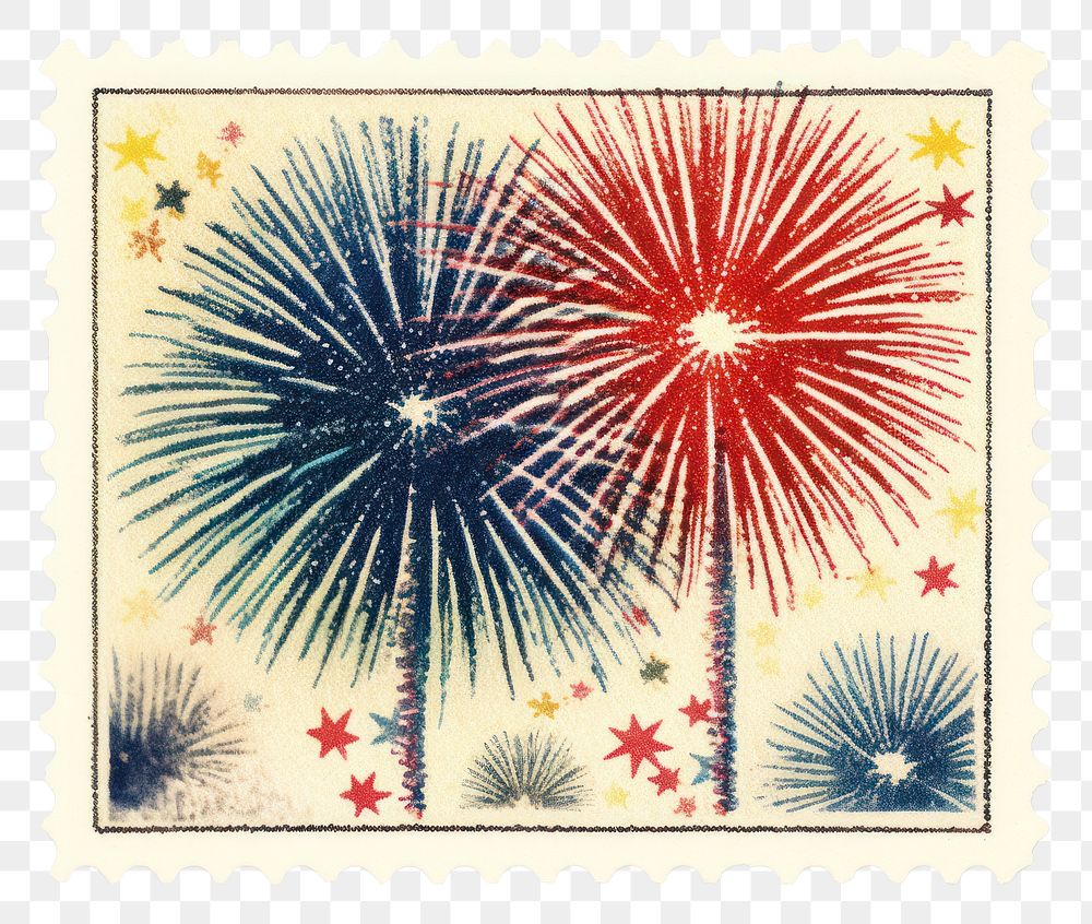 PNG Firework vintage fireworks postage stamp illuminated. AI generated Image by rawpixel.