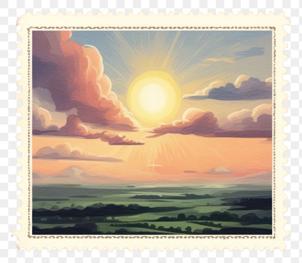 PNG Sunset sky vintage illustration nature art postage stamp. AI generated Image by rawpixel.