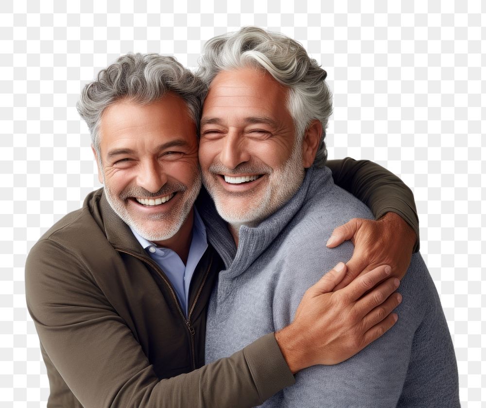 PNG  Two mature men hugging laughing romance smile. AI generated Image by rawpixel.