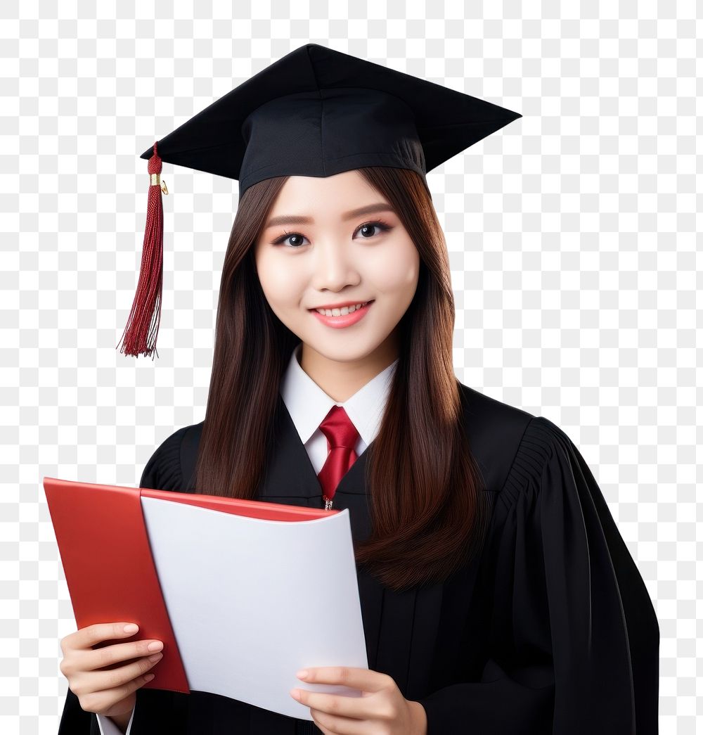PNG  Asian female university student holding folder graduation intelligence certificate. AI generated Image by rawpixel.