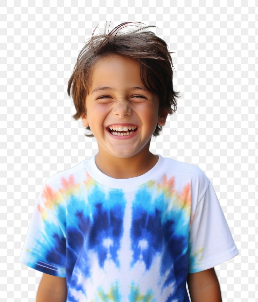 PNG  Kid wearing tie dye t-shirt laughing portrait smile. AI generated Image by rawpixel.