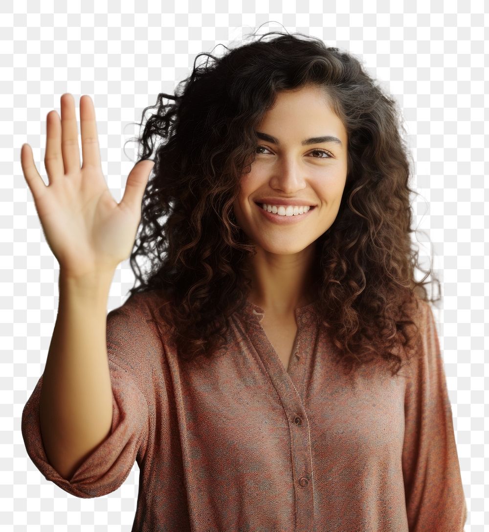 PNG Woman portrait smile hand. AI generated Image by rawpixel.
