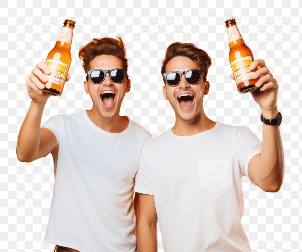 PNG  Excited 2 young men bottle beer drinking. AI generated Image by rawpixel.