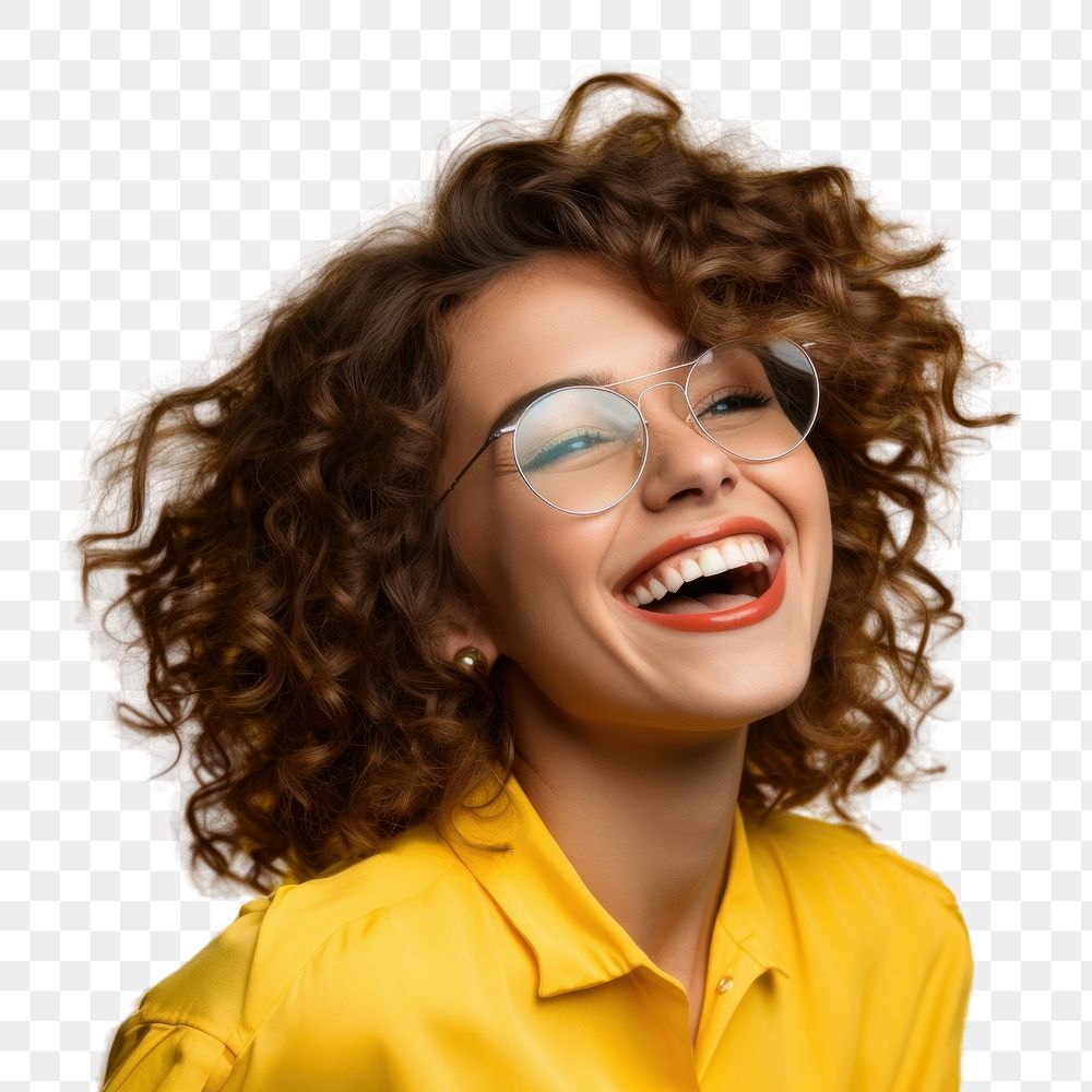 PNG  Joyful woman glasses laughing yellow
