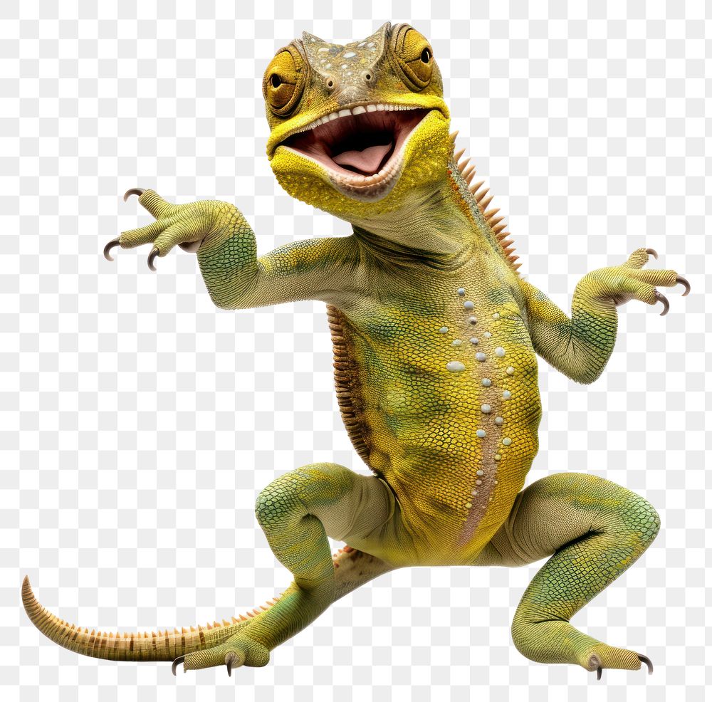 PNG Happy smiling dancing chameleon dinosaur reptile animal. AI generated Image by rawpixel.