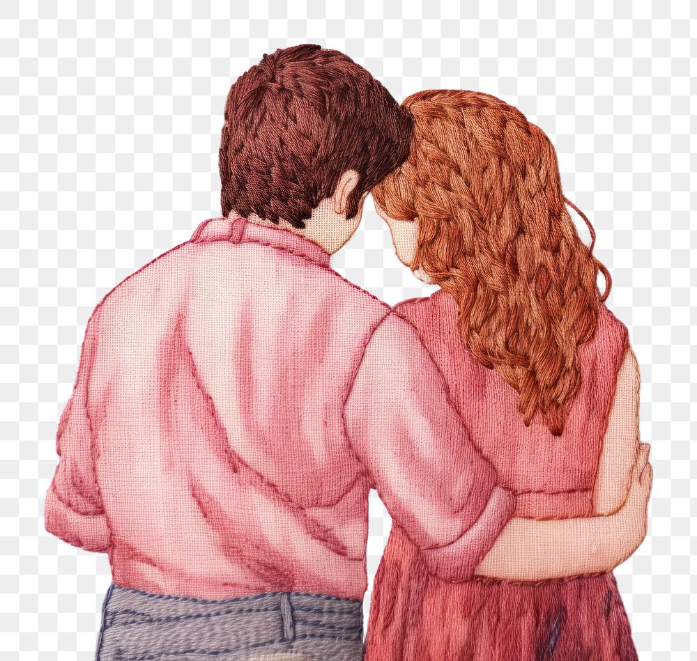 PNG Couple hugging embroidery kissing adult. AI generated Image by rawpixel.