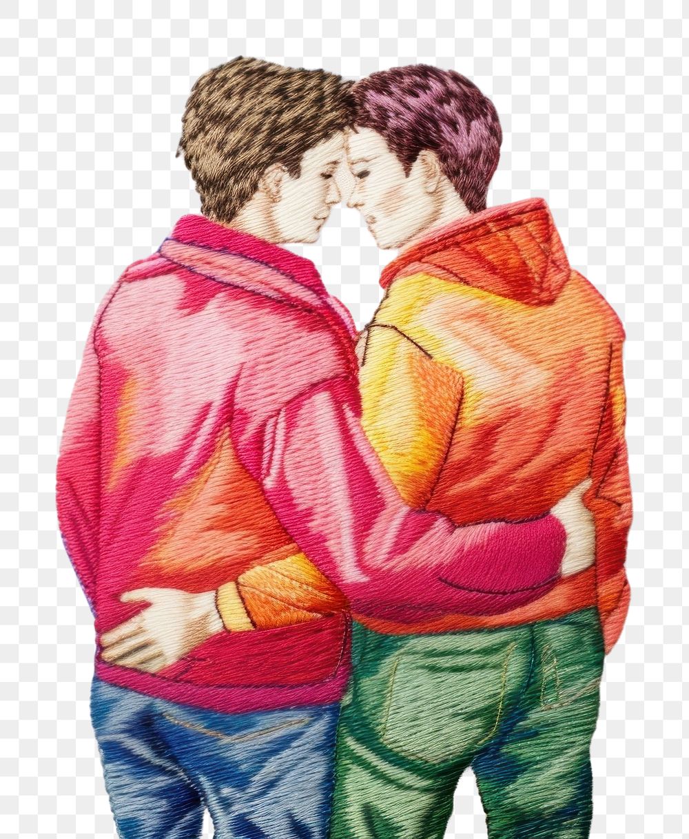 PNG LGBTQ couple hugging embroidery painting drawing. AI generated Image by rawpixel.