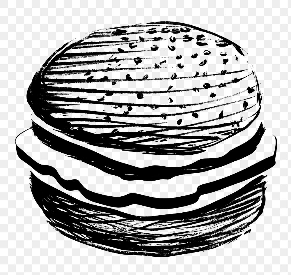 PNG black and white uneven lines stroke outline of simple *Burger* in style chinese ink brush stroke , gouach texture…