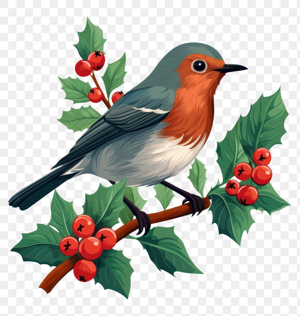 PNG  Robin animal holly plant. AI generated Image by rawpixel.