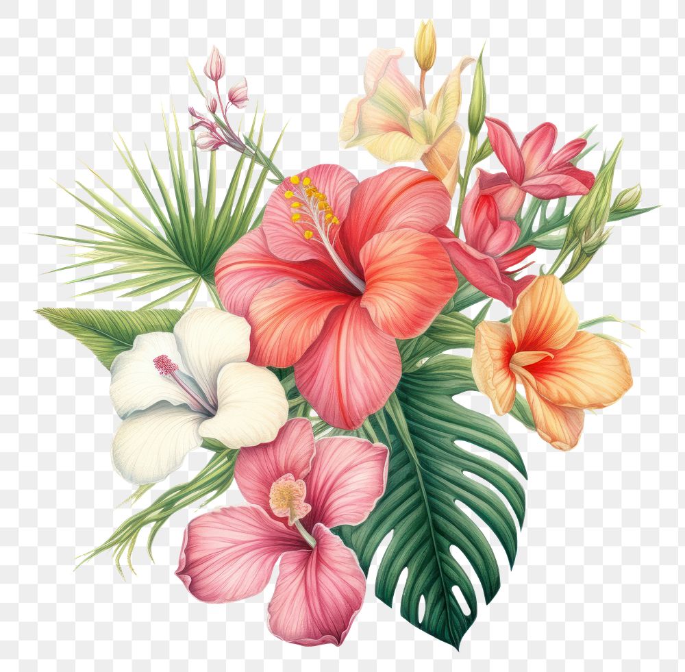 PNG  Tropical flowers hibiscus plant white background