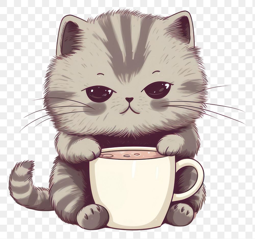 PNG  Cat drinking coffee animal drawing mammal. AI generated Image by rawpixel.