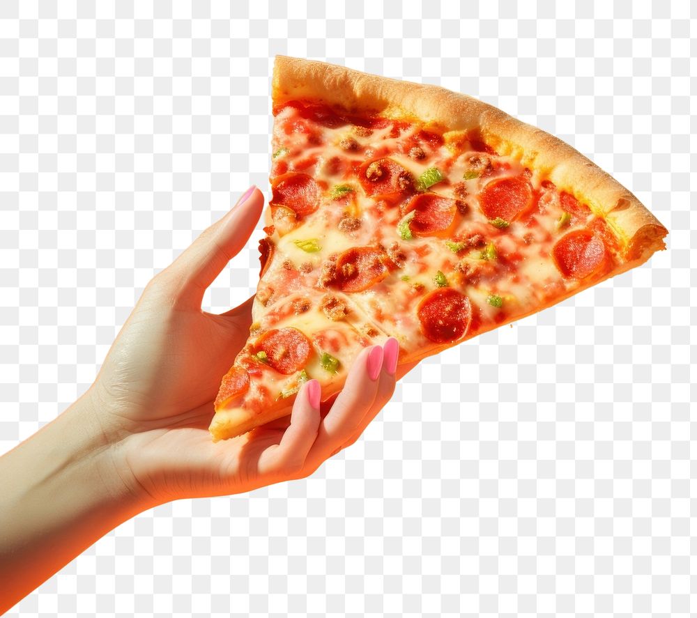PNG Hand holding a pizza slice food advertisement pepperoni. AI generated Image by rawpixel.