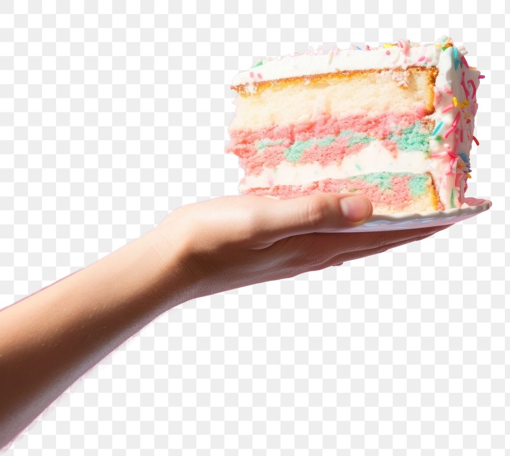 PNG Hand holding birthday cake slice dessert food confectionery. AI generated Image by rawpixel.
