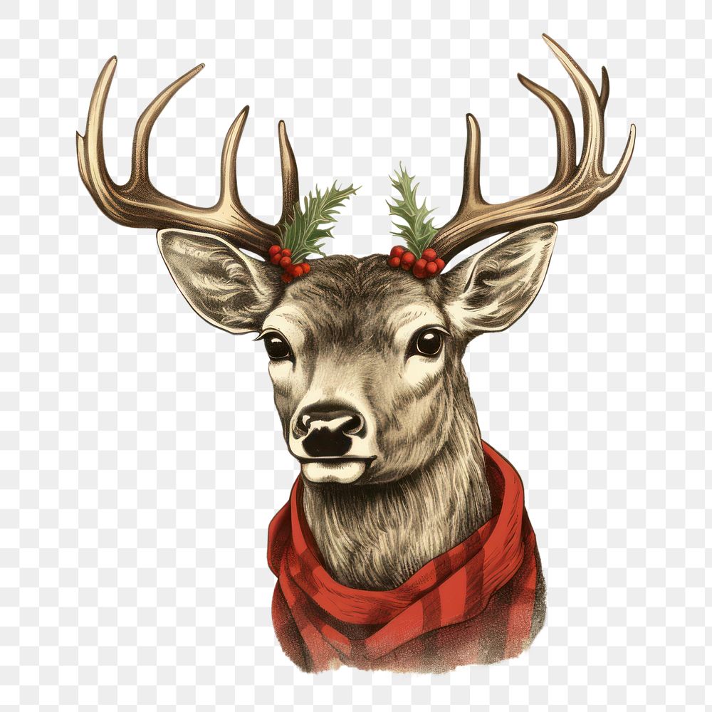 PNG Vintage Christmas reindeer animal antler mammal. AI generated Image by rawpixel.