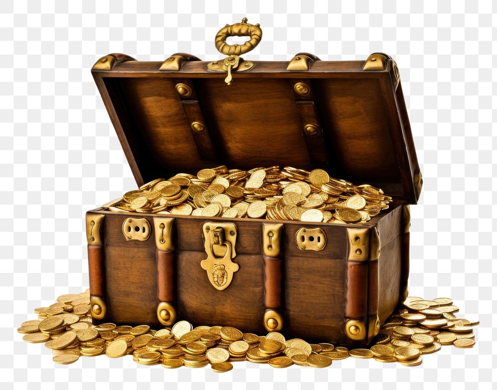 PNG  Vintage treasure chest coin gold white background. AI generated Image by rawpixel.