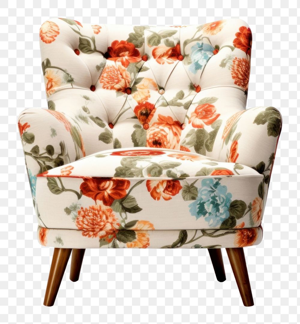 PNG Retro Armchair Floral parttern armchair furniture white background. AI generated Image by rawpixel.