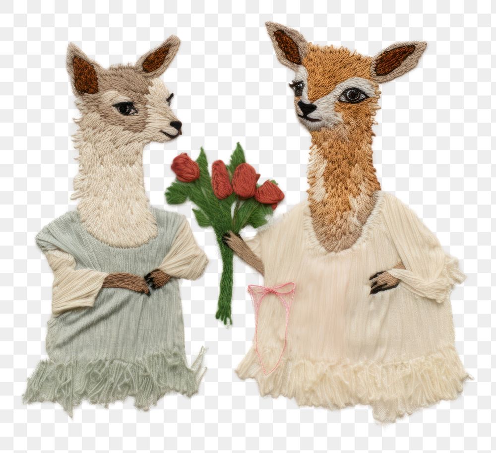 PNG 2 cute dears wear cloth holding roses animal mammal art. AI generated Image by rawpixel.