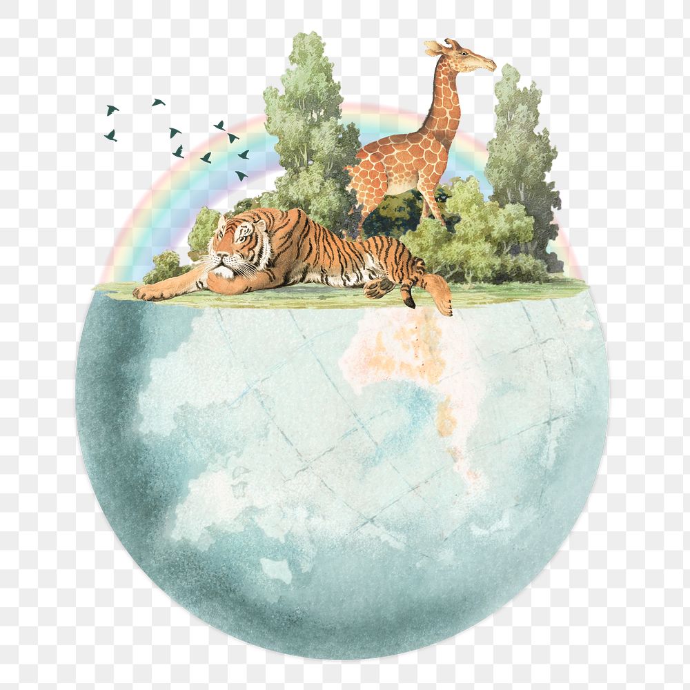 PNG Wildlife globe rainbow, vintage illustration, transparent background. Remixed by rawpixel.