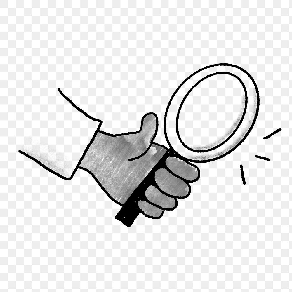 PNG Hand holding magnifying glass, doodle illustration, transparent background