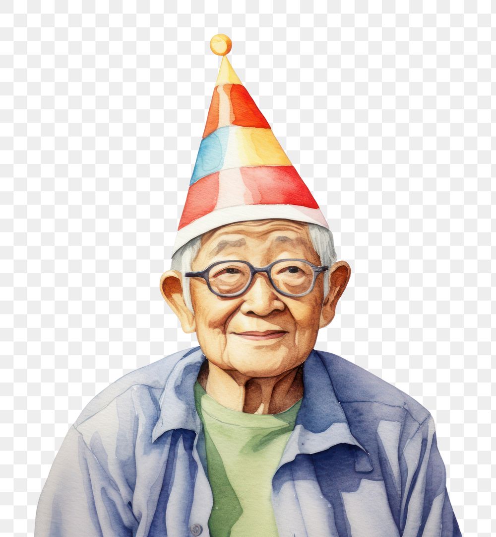PNG Asian grandma wearing party hat watercolor portrait adult white background. AI generated Image by rawpixel.