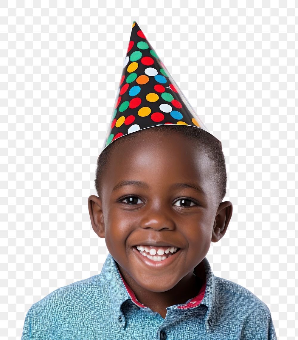 PNG Black kid wearing party hat white background celebration anniversary. AI generated Image by rawpixel.