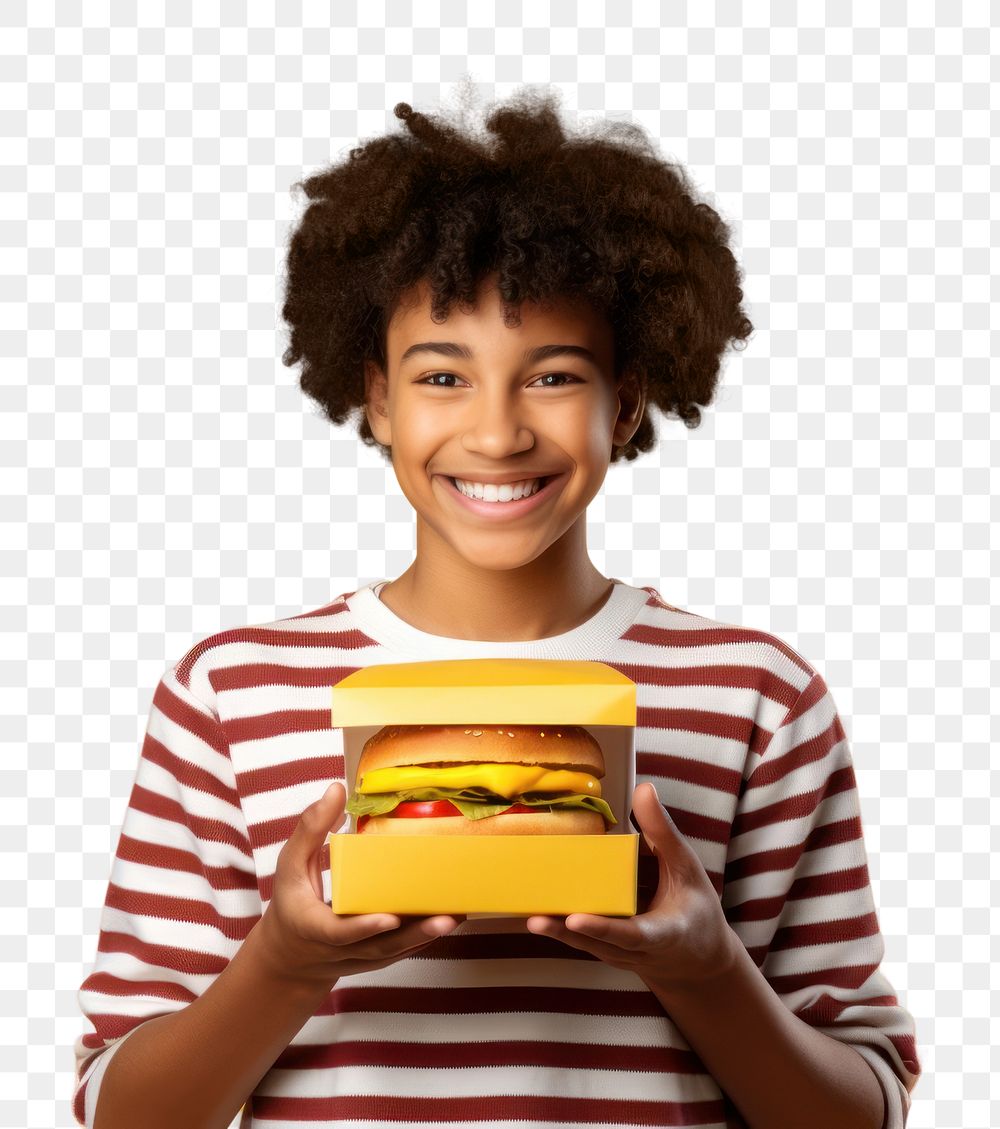 PNG Teenage boy holding a burger box. AI generated Image by rawpixel.