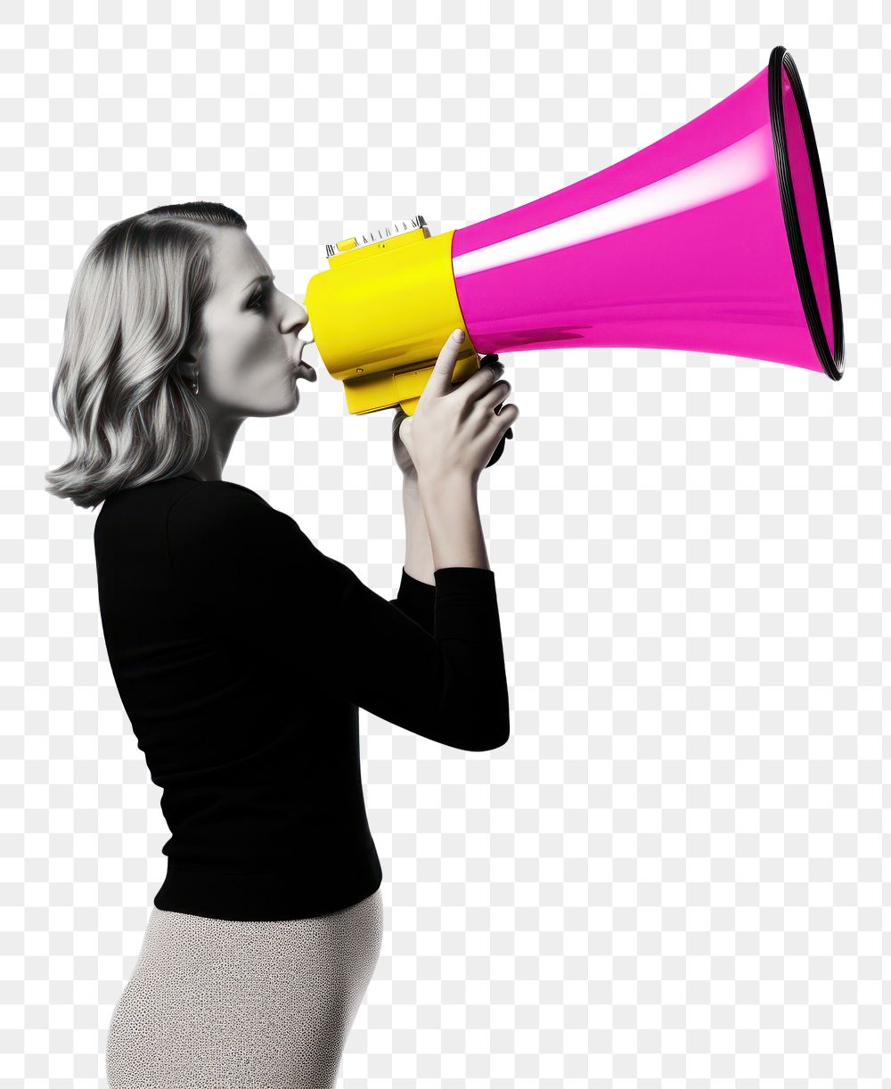 PNG Woman holding megaphone white background performance hairstyle. AI generated Image by rawpixel.