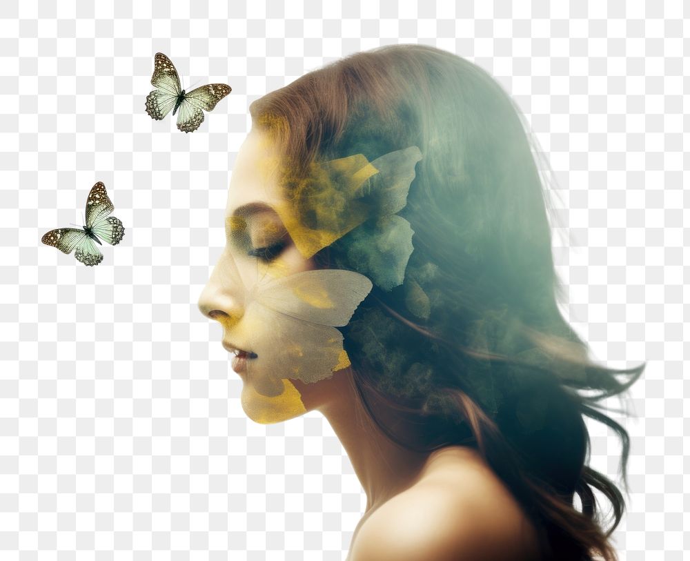 PNG A woman with butterfly portrait photography flower. AI generated Image by rawpixel.