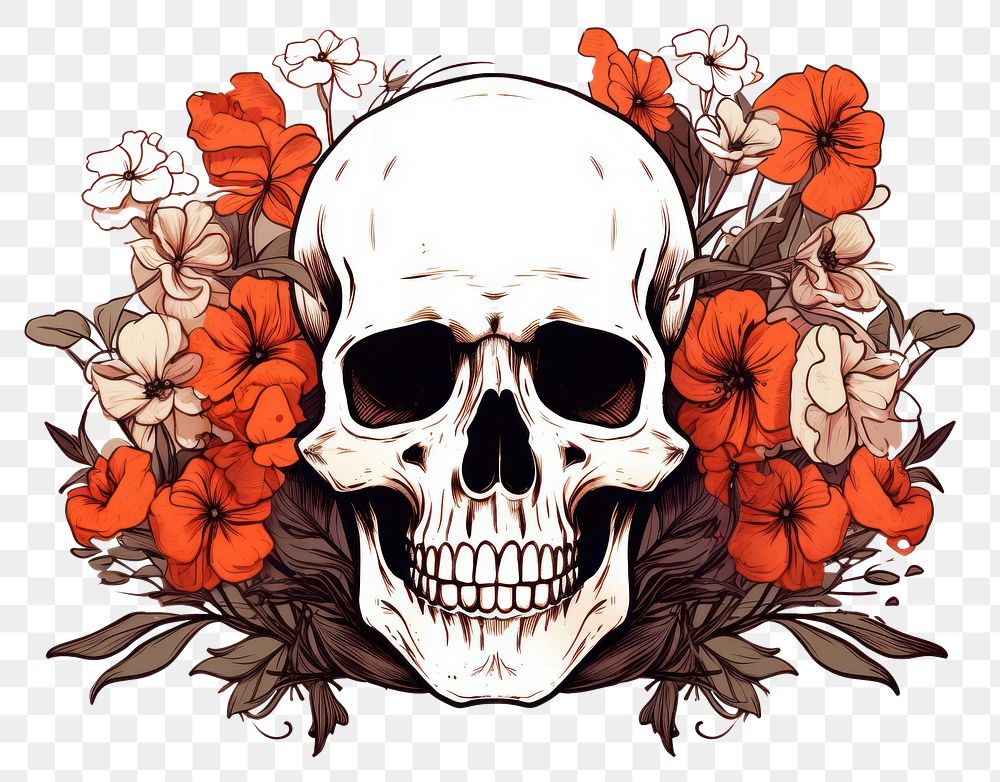 PNG Skull bone flower drawing sketch. AI generated Image by rawpixel.