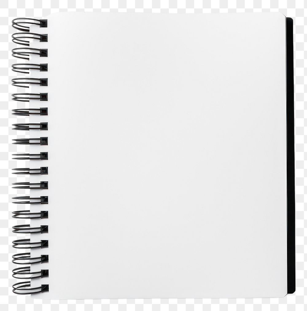 PNG  Spiral bound notebook mockup template book open white paper with black paper cover spiral page white background. AI…