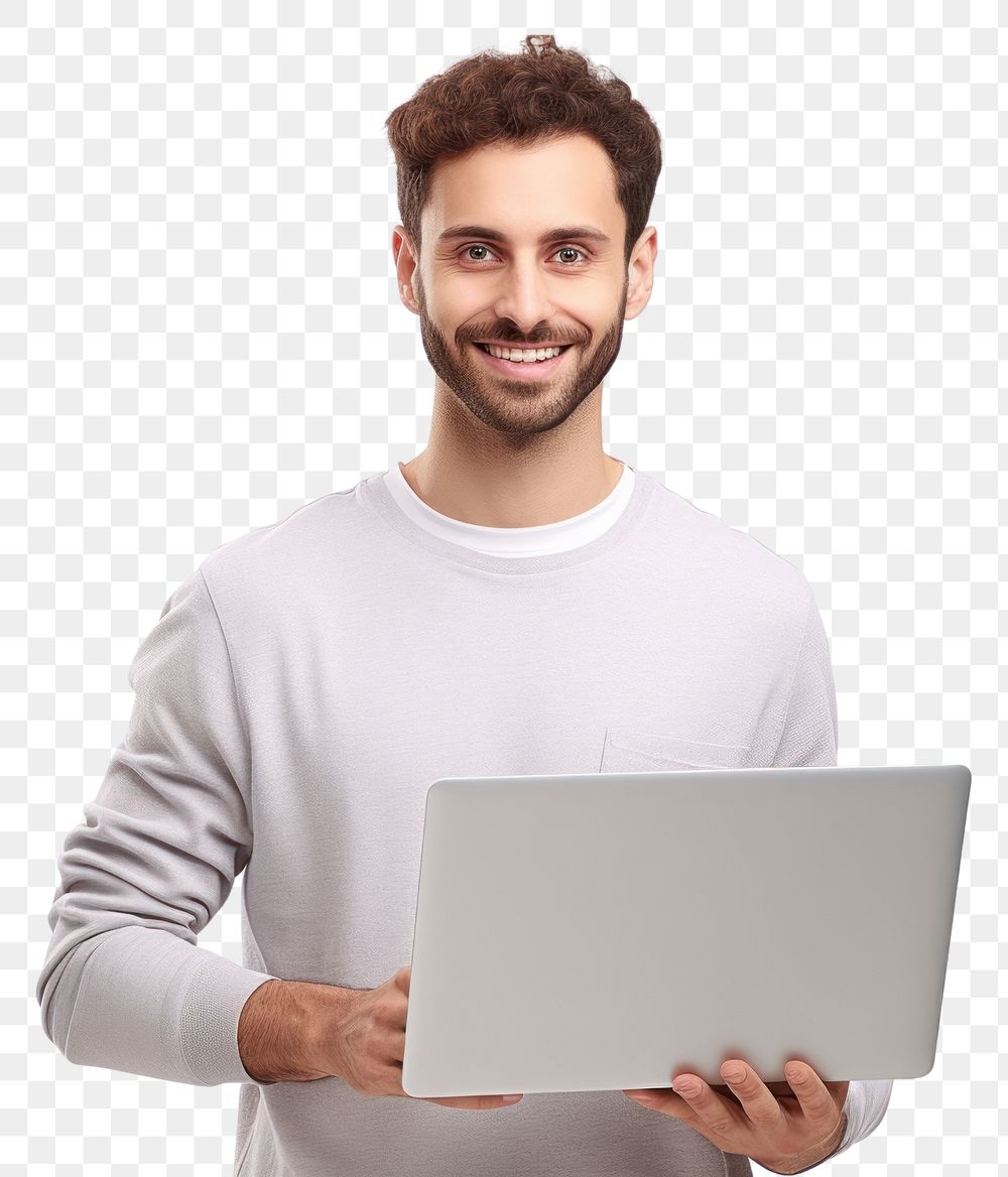 PNG  Young man holding a laptop standing computer portrait
