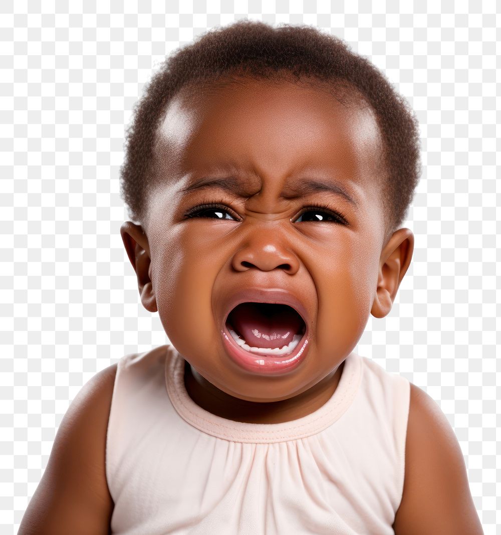 PNG  Cute baby african crying shouting white background frustration. AI generated Image by rawpixel.