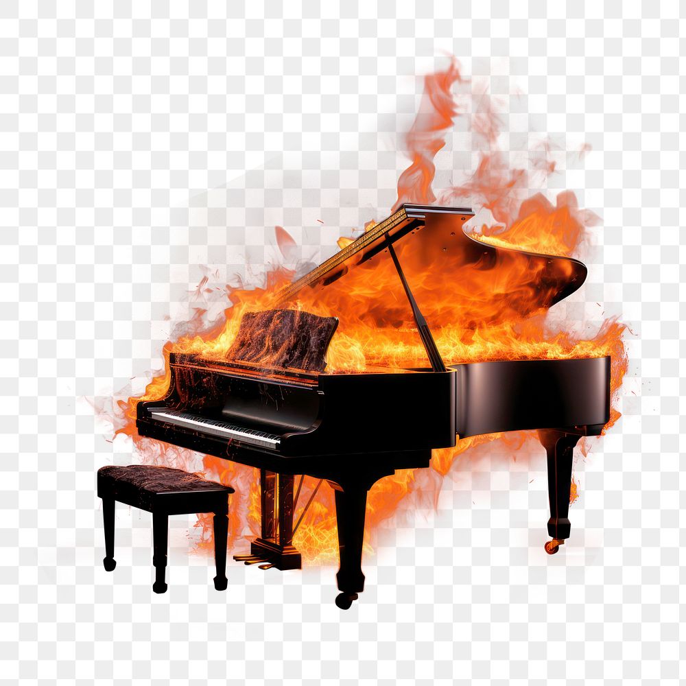 PNG photo of *piano* on Fire flame realistic, isolated on black background --ar 3:2